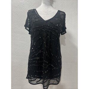 White House Black Market Top Womens M Sequin Mesh Sparkly Party Evening Shirt